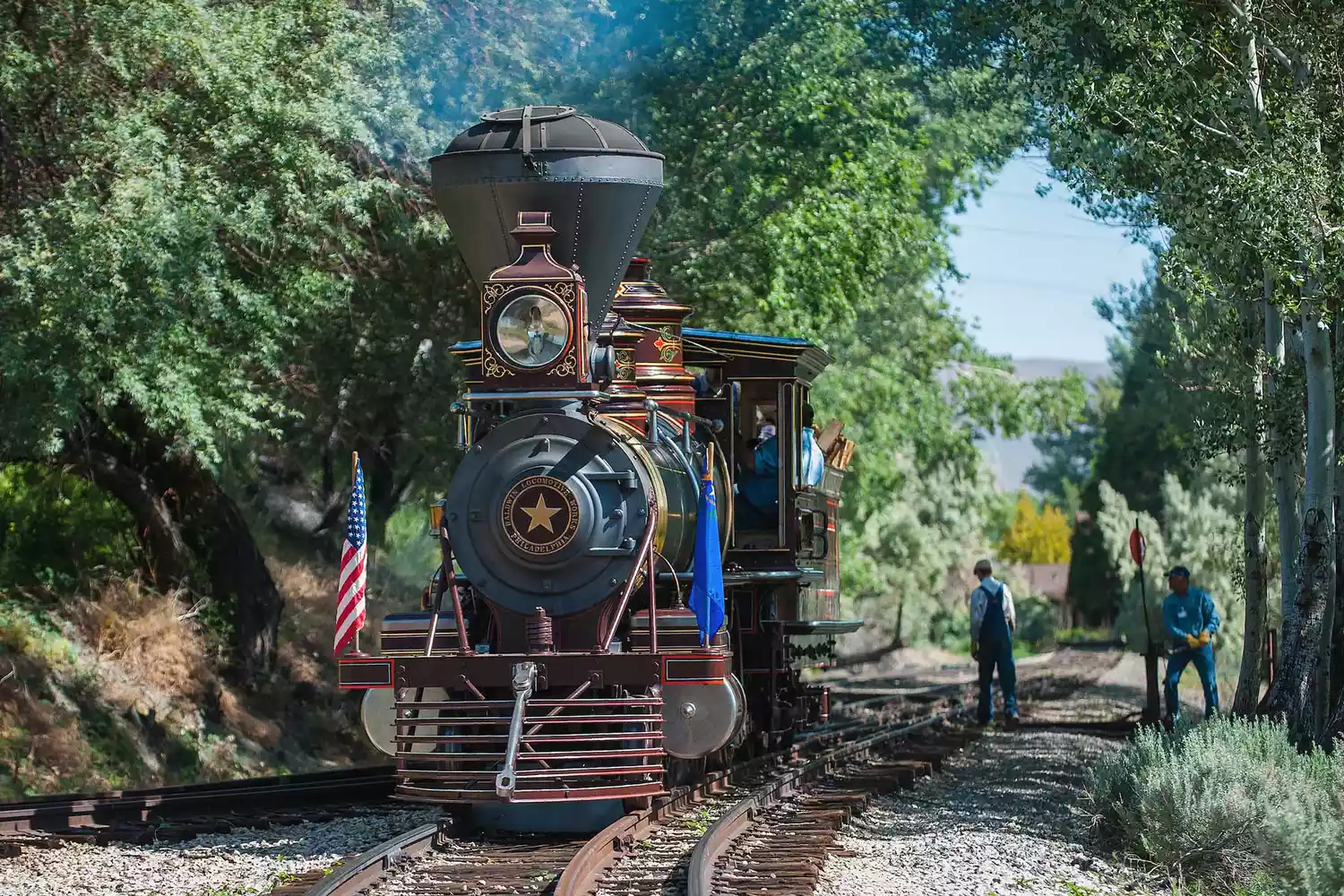 Train engine with railway worker