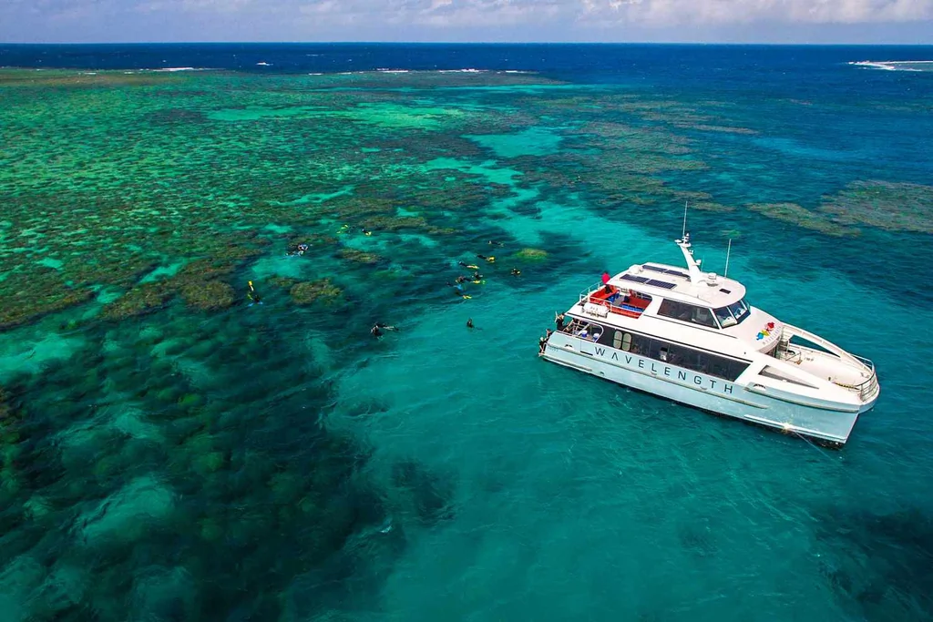 Un bateau et des snorkelers dans la Grande Barrière de Corail