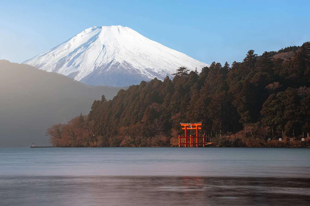 Red torii gates with Mt. Fuji and Hakone in Kanagawa of Japan