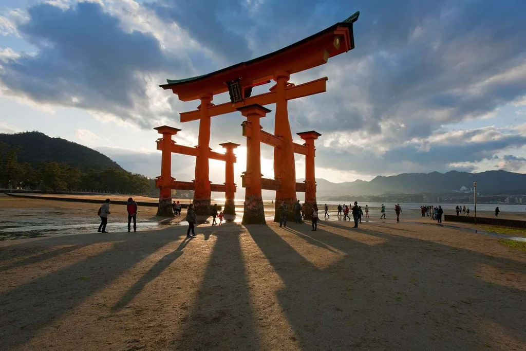 O-Torii Grand Gate Shadows at Itsukushima Shrine on Japan's Sacred Miyajima Island