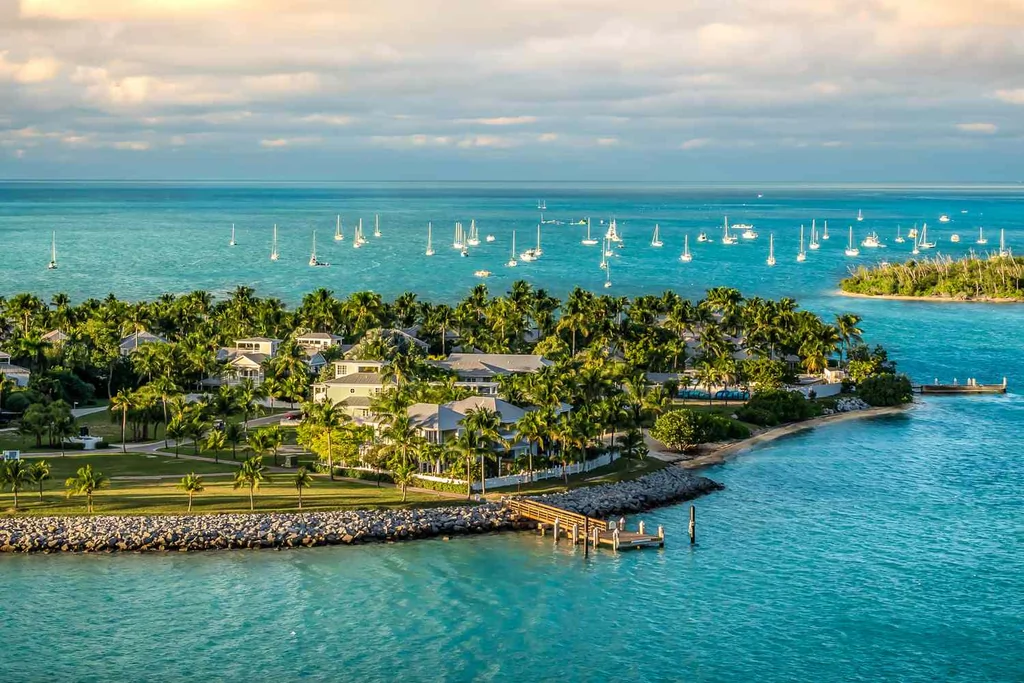 Panoramic sunrise landscape view of the small Islands Sunset Key and Wisteria Island of the Island of Key West, Florida Keys.