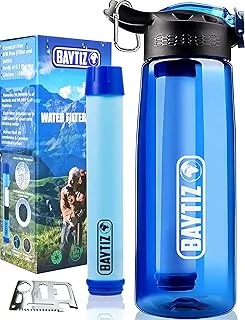 BAYTIZ ® Gourde Filtrante + Paille de Survie au Charbon Actif - Bouteille Filtre à Eau Nomade : Voyage Randonnée Trek Camping Kit Purificateur Réutilisable Plastique Sac Pluie Catastrophe
