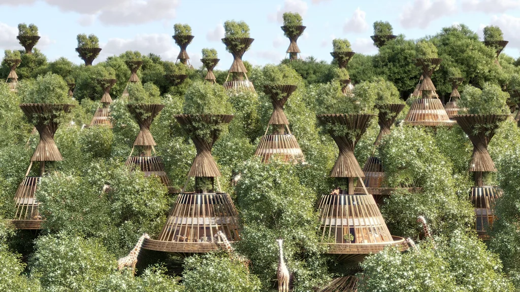 Un éco-lodge durable avec panneaux solaires intégré dans une forêt.