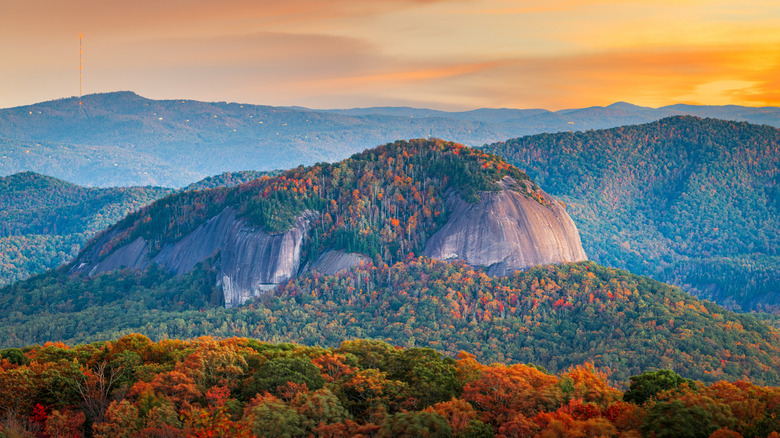 Feuillage d'automne entourant le Looking Glass Rock dans la Pisgah National Forest