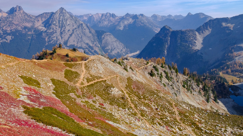Une colline herbeuse avec une grande chaîne de montagnes en arrière-plan