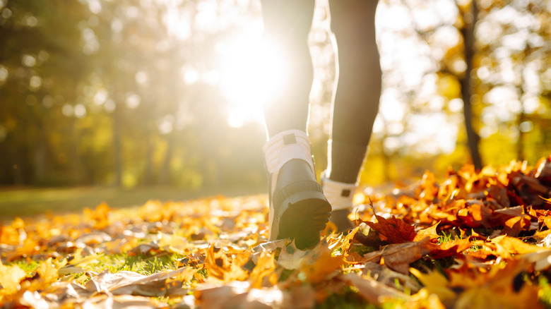 Bottes de randonnée marchant sur des feuilles d'automne