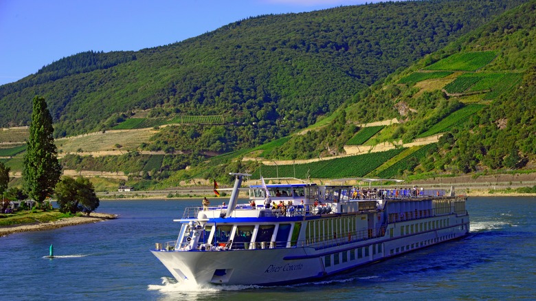 Un bateau de croisière naviguant sur le Rhin au milieu des collines verdoyantes