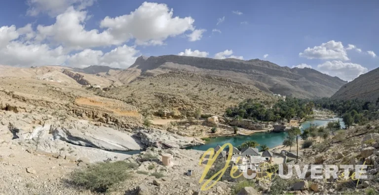 Vue panoramique d'un wadi omanais avec bassins turquoise et falaises ocre