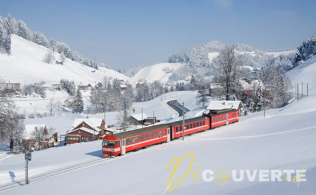 Train régional traversant un paysage européen pour un voyage durable