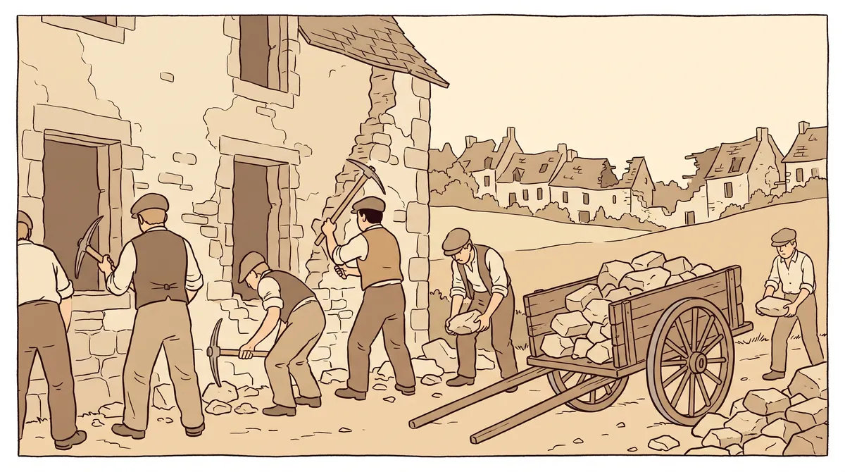 Dessin : des ouvriers démolissent de vieilles maisons de Pérouges et chargent les pierres sur une charrette.