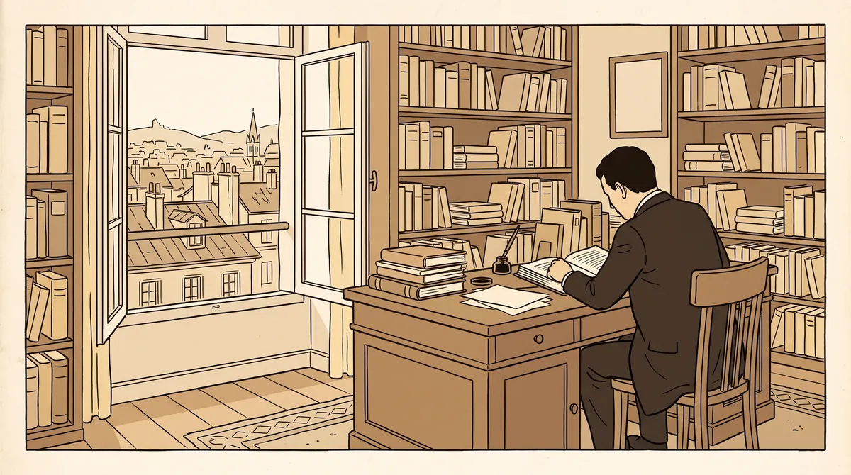 Dessin : un professeur écrit à son bureau, devant une fenêtre ouverte sur les toits de Lyon.