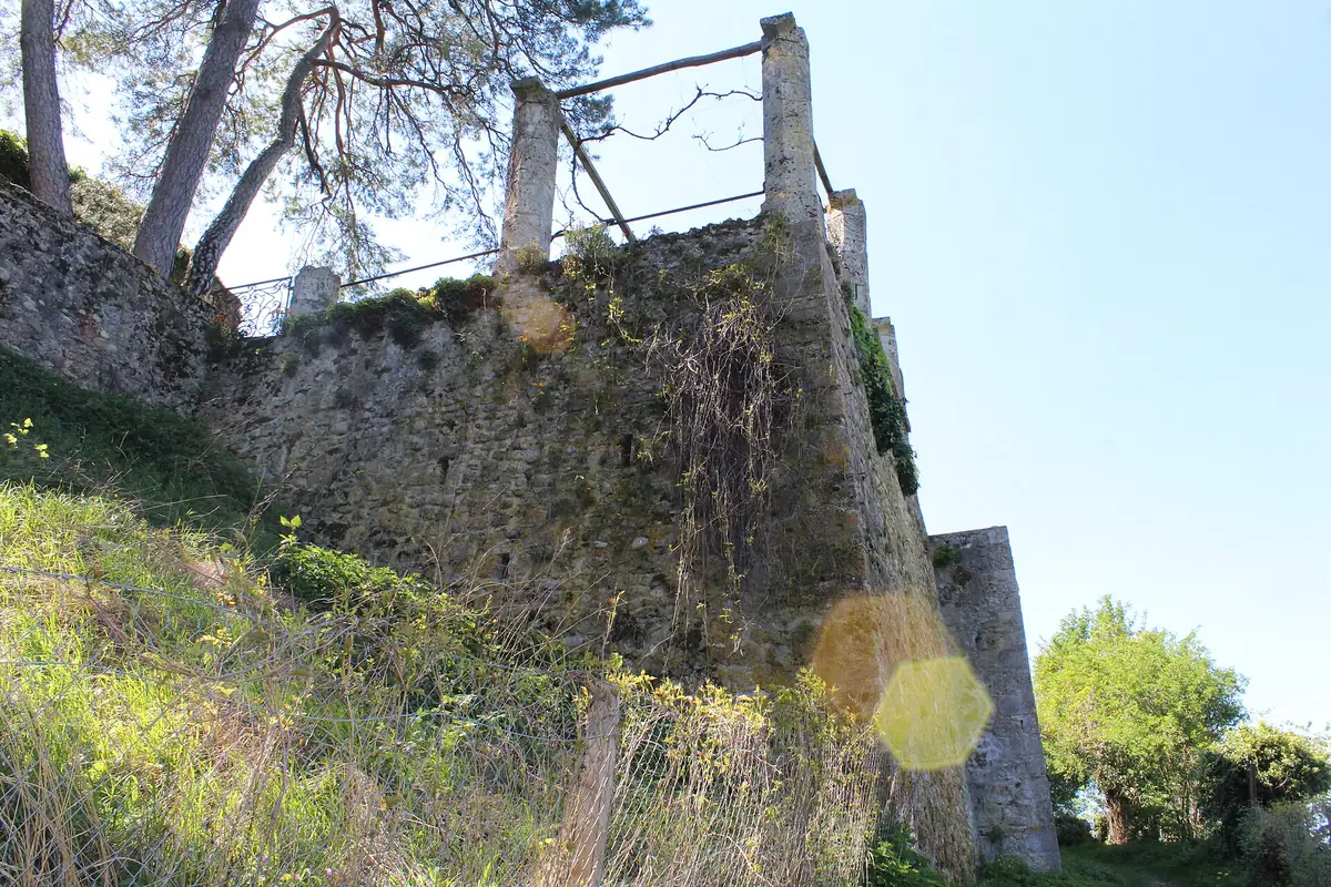 Le rempart de pierre de Pérouges sur sa butte herbeuse, sous un ciel bleu.