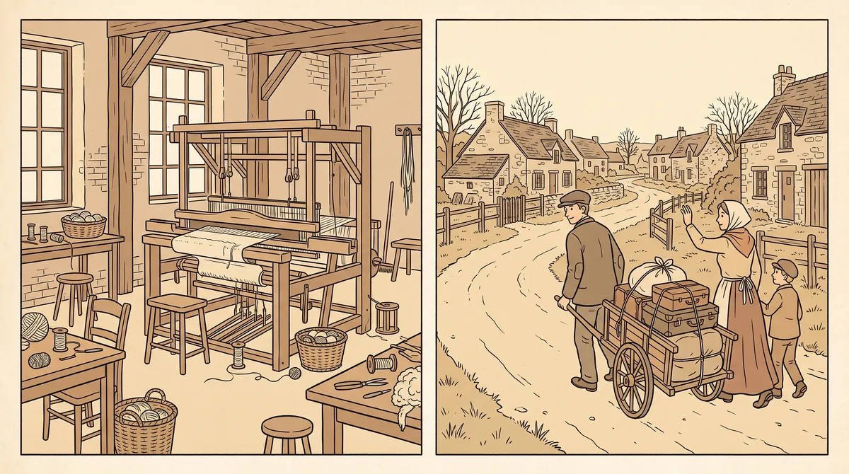 Dessin en deux cases : un atelier de tissage vide, puis une famille qui quitte le village avec une charrette.